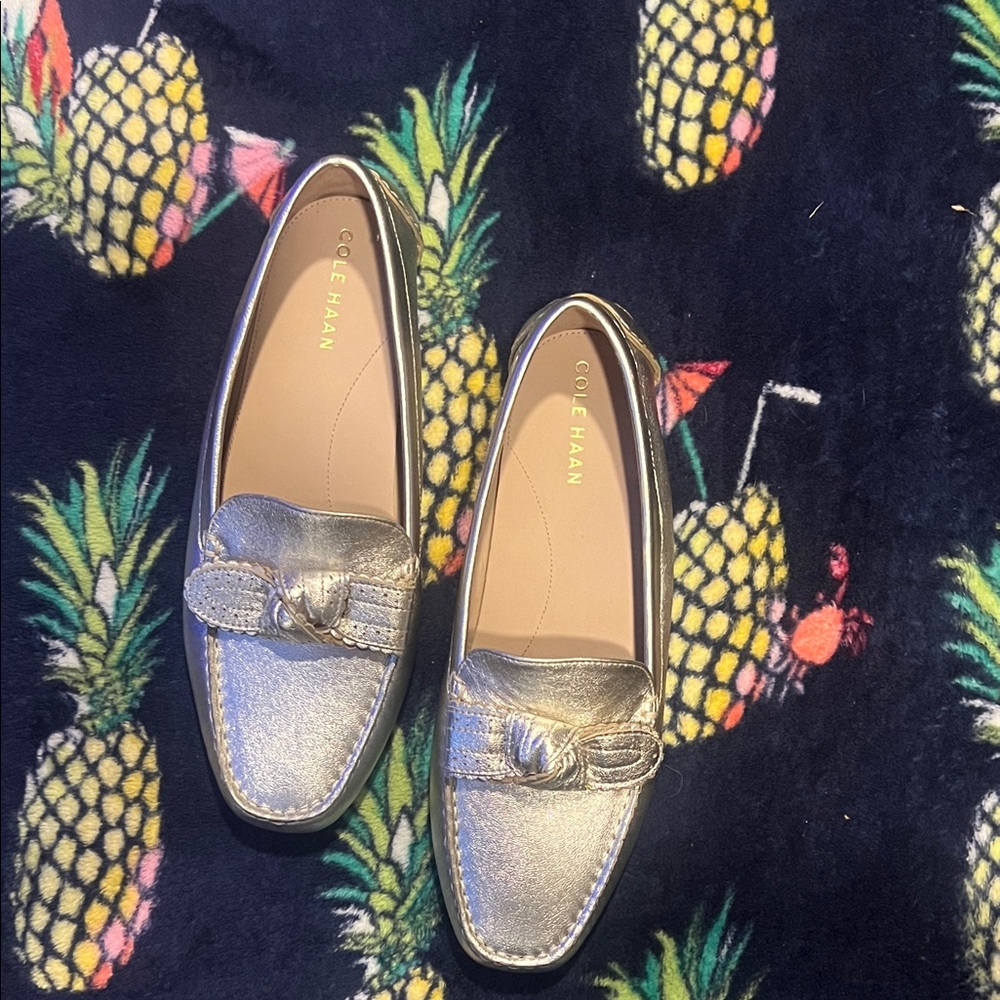 Cole Haan Metallic Leather Loafers with Knot Accent NWOT